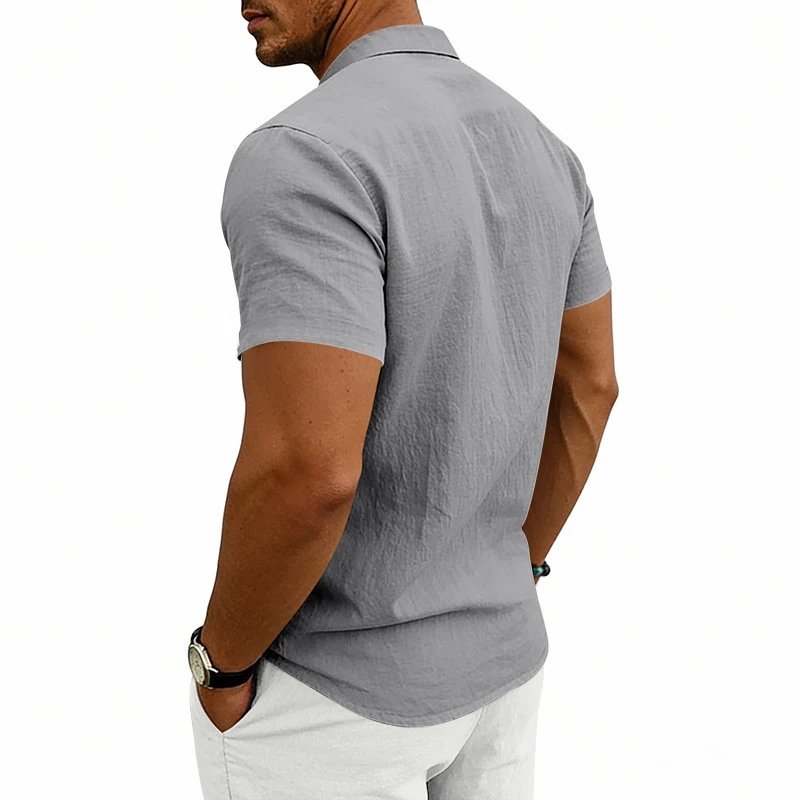 Design Mandarin Collar Short Sleeve Shirt Gray Tops Shirt - 42
