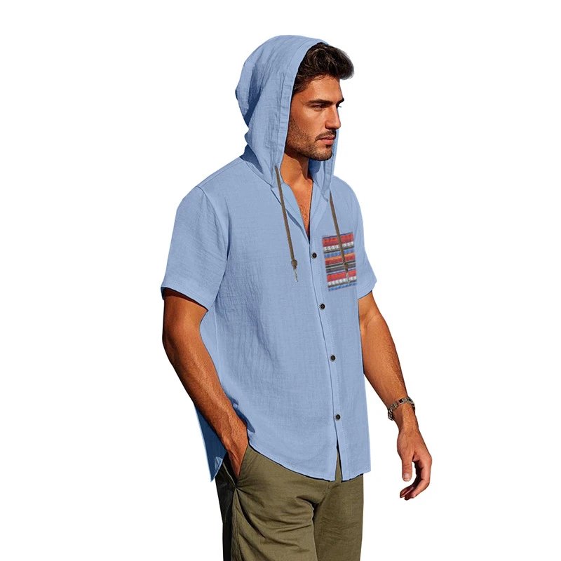 Design Hooded Button-Up Shirt Olive Green with Tribal Pocket Tops - 9