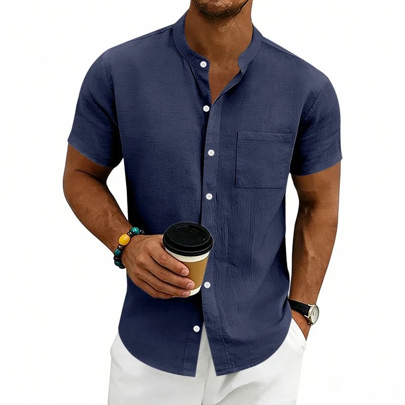Design Mandarin Collar Short Sleeve Shirt Gray Tops Shirt - 45
