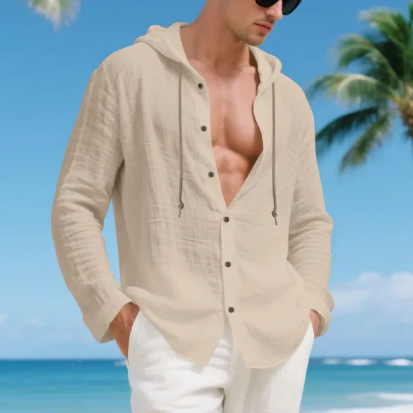 Design Hooded Linen Shirt Brown Men's Beachwear - 93