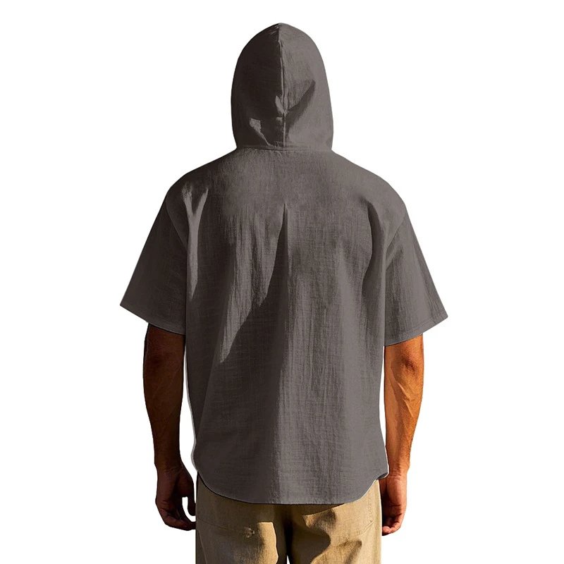 Design Hooded Button-Up Shirt Olive Green with Tribal Pocket Tops - 18