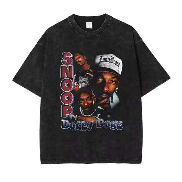 Design Snoop Dogg x Long Beach Graphic Print Black Acid Wash T-Shirt T-Shirts - 1