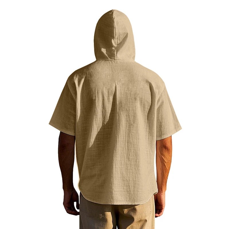 Design Hooded Button-Up Shirt Olive Green with Tribal Pocket Tops - 25