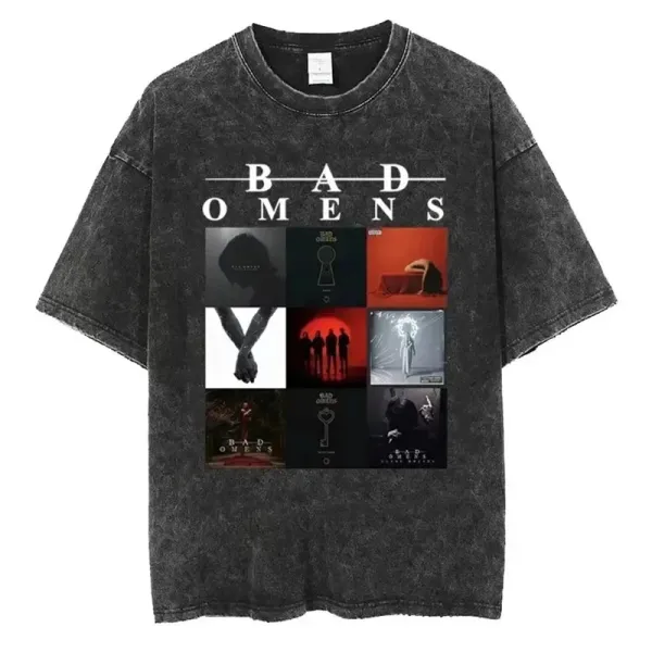 Design Bad Omens Band Collage Print Acid Wash T-Shirt T-Shirts - 1