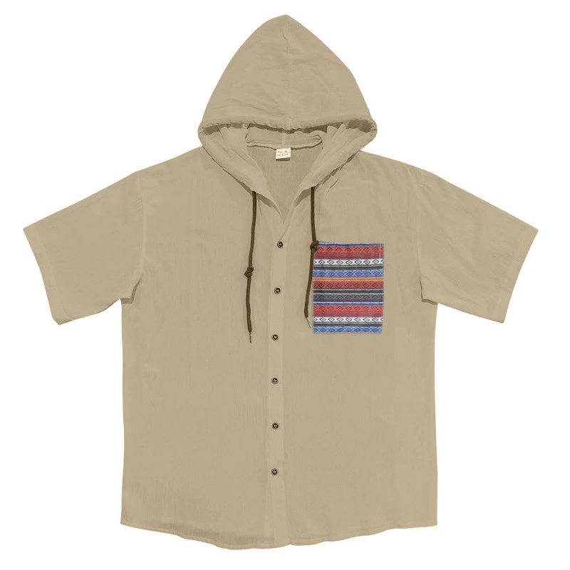 Design Hooded Button-Up Shirt Olive Green with Tribal Pocket Tops - 31