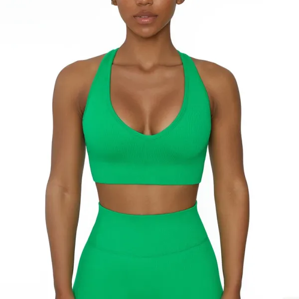 Design Ribbed V-Neck Sports Bra and High-Waisted Leggings Set in Green Activewear - 1