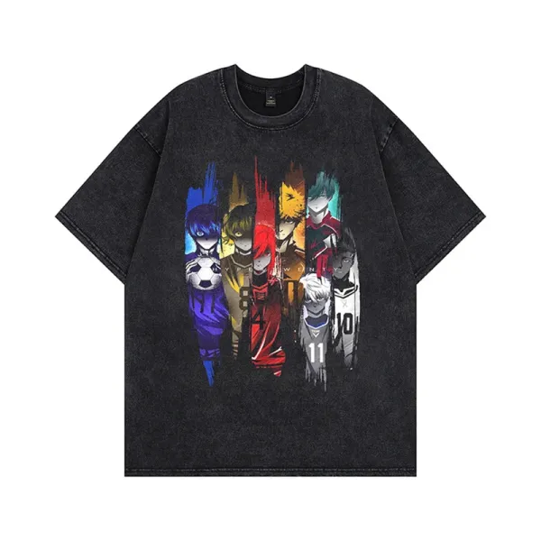 Design Anime Football Characters Graphic Washed Black T-Shirt - 1