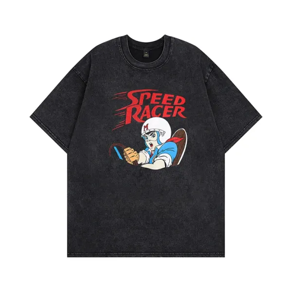 Design Speed Racer Graphic Print Acid Wash Black T-Shirt T-Shirts - 1