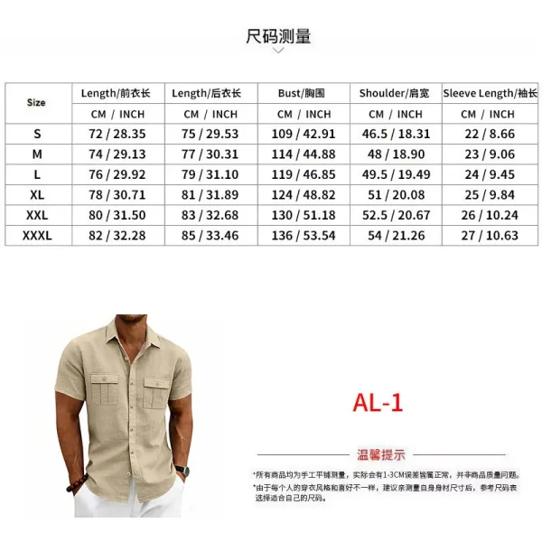 Design Short-Sleeve Linen Shirt Navy Blue Tops Shirt - 4