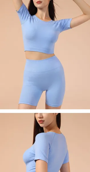 Design Purple Ribbed Halter Crop Top and High-Waisted Bike Shorts Set Activewear - 16