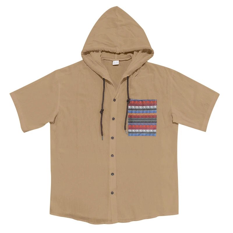 Design Hooded Button-Up Shirt Olive Green with Tribal Pocket Tops - 53