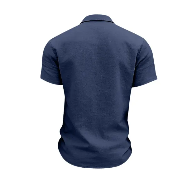 Design Short-Sleeve Linen Shirt Navy Blue Tops Shirt - 10