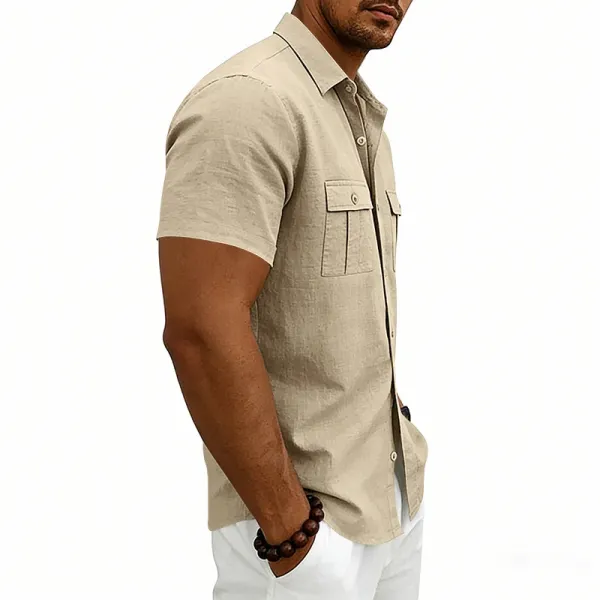 Design Short-Sleeve Linen Shirt Navy Blue Tops Shirt - 16
