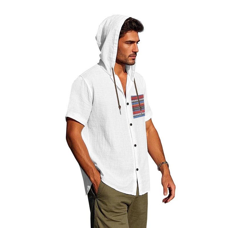 Design Hooded Button-Up Shirt Olive Green with Tribal Pocket Tops - 68