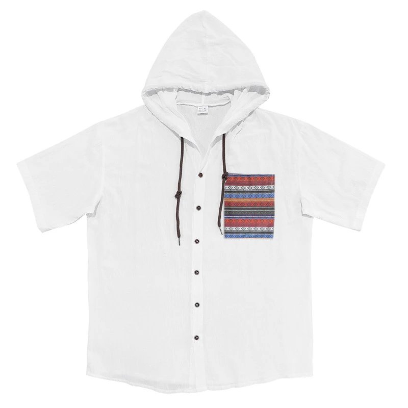 Design Hooded Button-Up Shirt Olive Green with Tribal Pocket Tops - 73