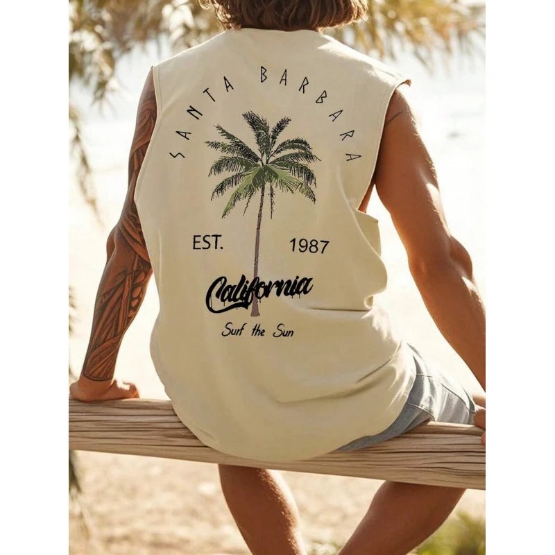 欧码纯棉Men's Casual Coconut Tree & Letter Print Tank Top