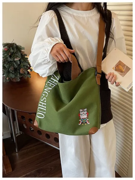 Design ZHENGSHUO Canvas Tote Bag Olive Green with Lion Dance Charm Tote Bag - 44