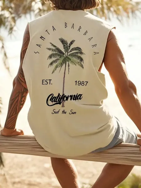 Design Santa Barbara California Palm Tree Vest Top Beige Vest Top - 7