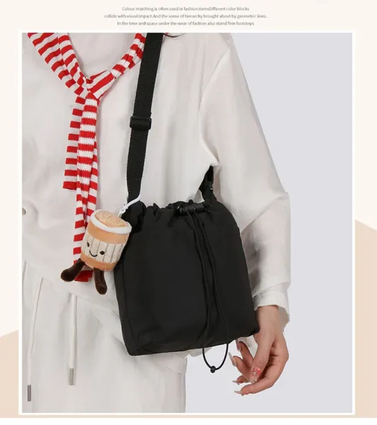 Design Drawstring Bucket Bag Beige Crossbody Bag - 14