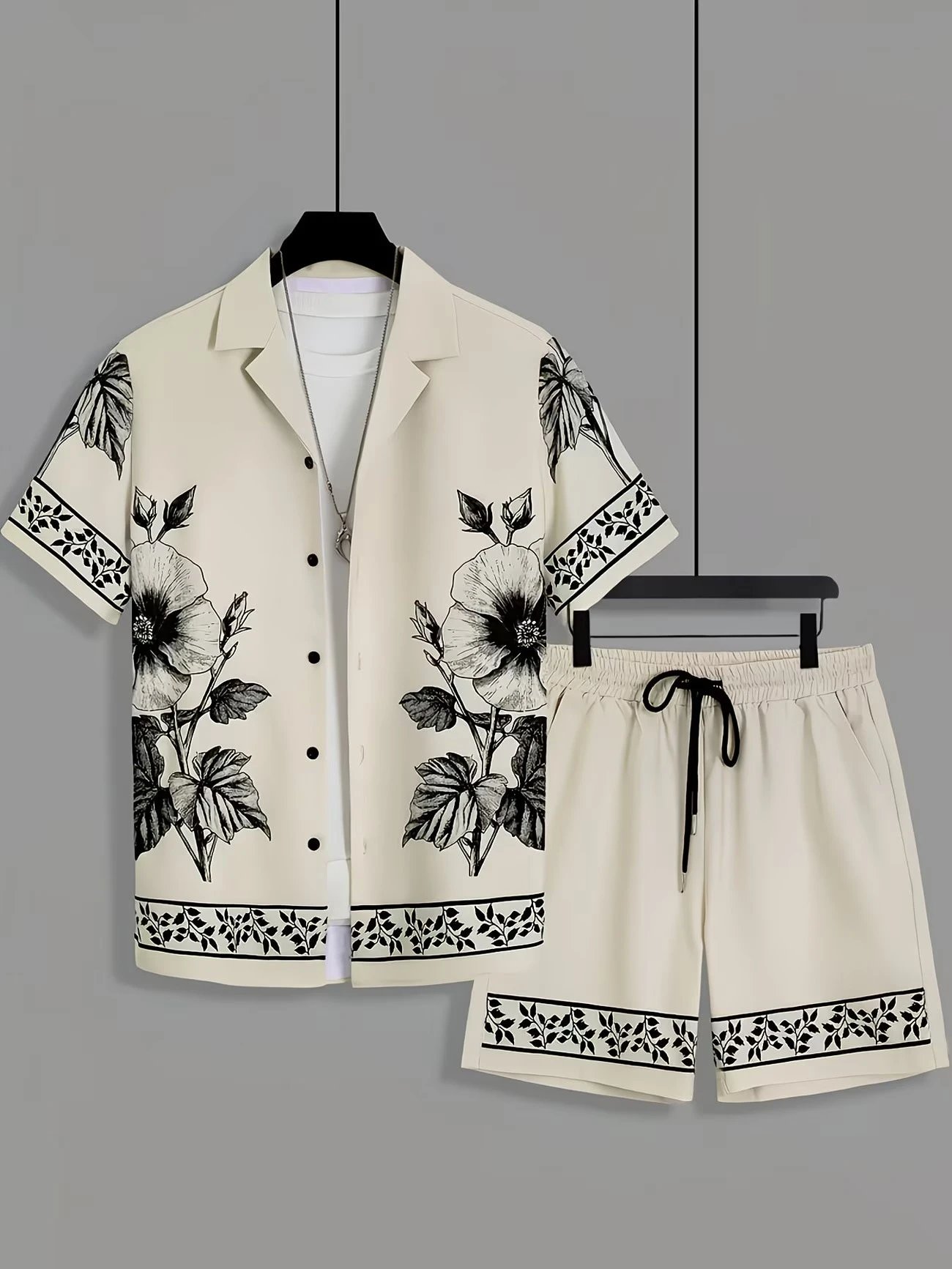 Design Tropical Print Button-Up Shirt and Lime Green Shorts Set - 2