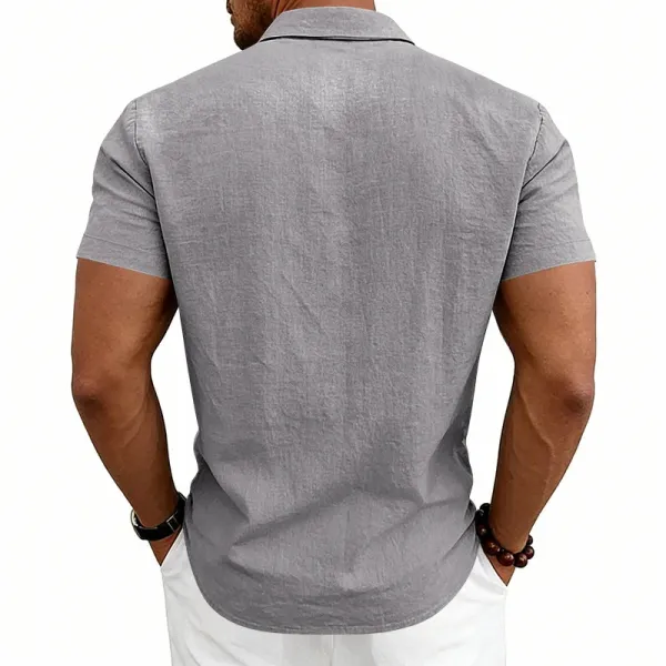 Design Short-Sleeve Linen Shirt Navy Blue Tops Shirt - 48