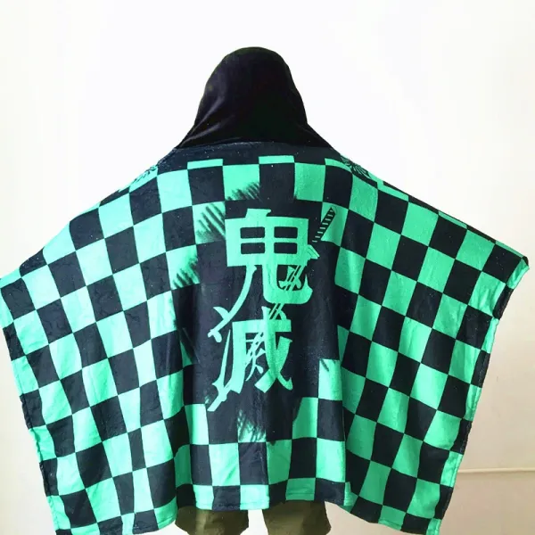 Design Hooded Towel Cape Navy Blue with Japanese Text and Geometric Print Hoodie - 4