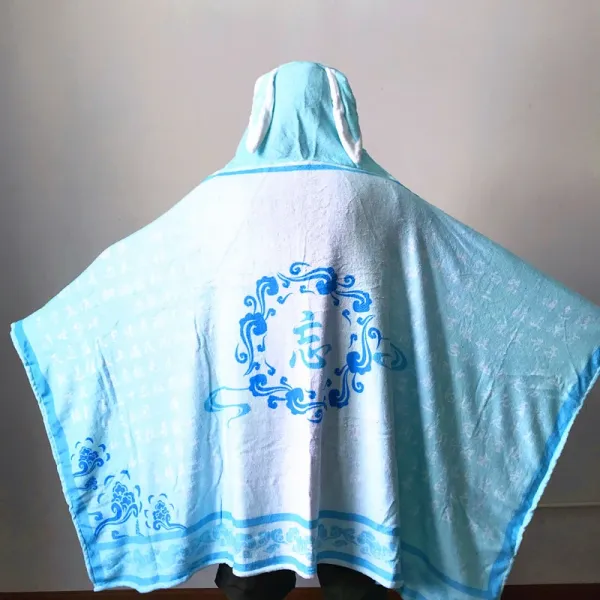 Design Hooded Towel Cape Navy Blue with Japanese Text and Geometric Print Hoodie - 12