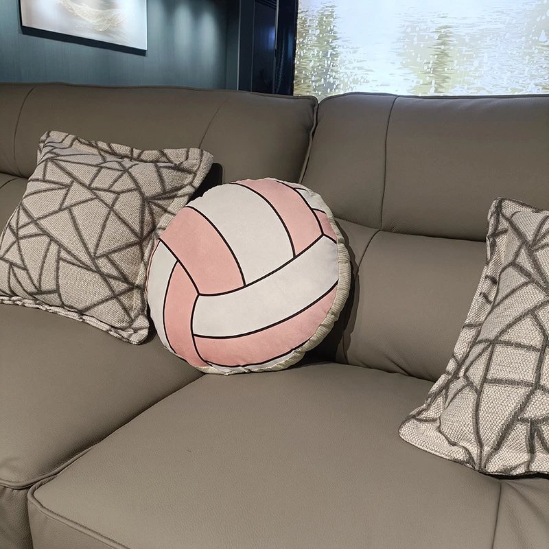 Volleyball-Print Round Pillow in Pink and White Accessories