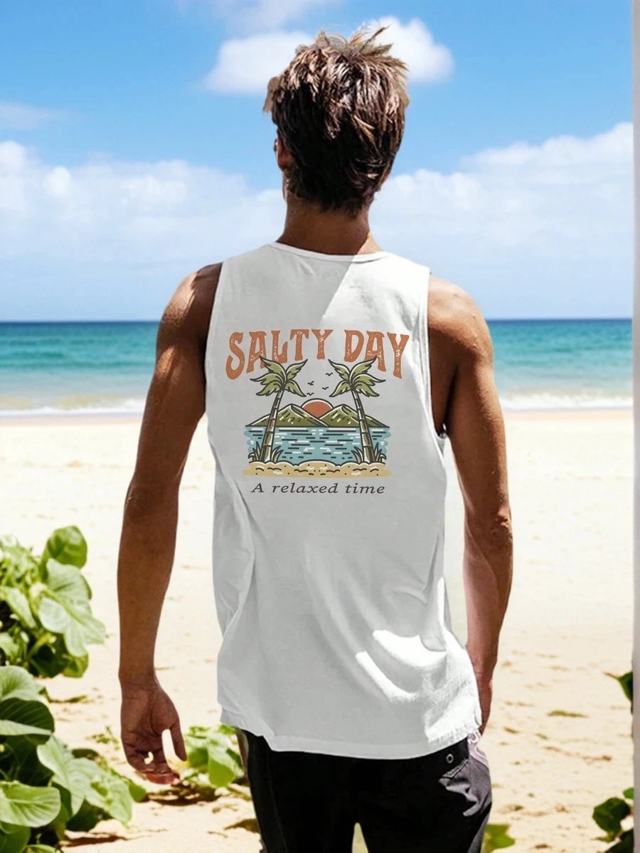 Design Salty Day Tropical Print Sleeveless Vest Yellow Vest Top - 8