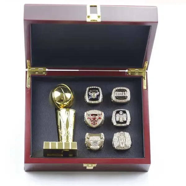 Chicago Bulls NBA Championship Ring Set with Larry O'Brien Trophy Replica in Wooden Display Box Jewelry - 1