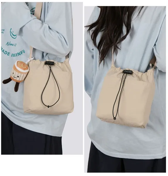 Design Drawstring Bucket Bag Beige Crossbody Bag - 23