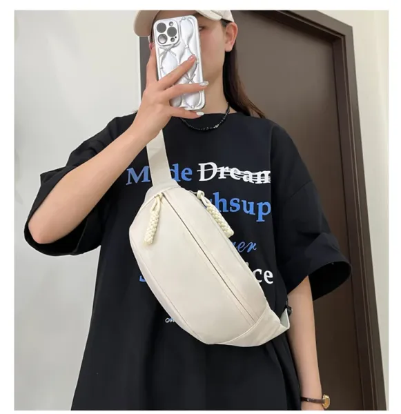 Design Minimalist Cream Belt Bag with Braided Pull Tabs - 15