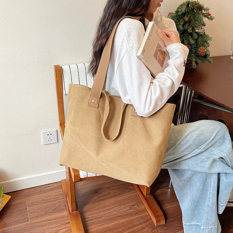 Canvas Tote Bag Japanese Retro Minimalist Solid Color Handbag Large Capacity Commuter Tote Casual Shoulder Bag Trendy