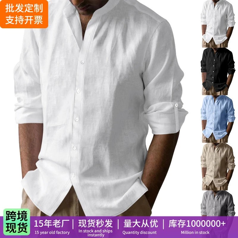 亚马逊亚麻衬衫男长袖立领透气亨利领休闲中式亨利上衣男
