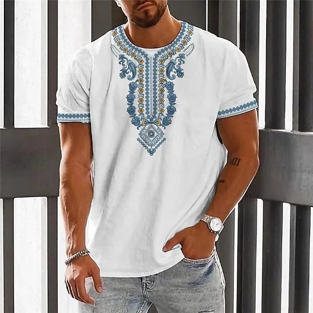Design Floral Embroidery Print White T-Shirt with Navy Trim - 5