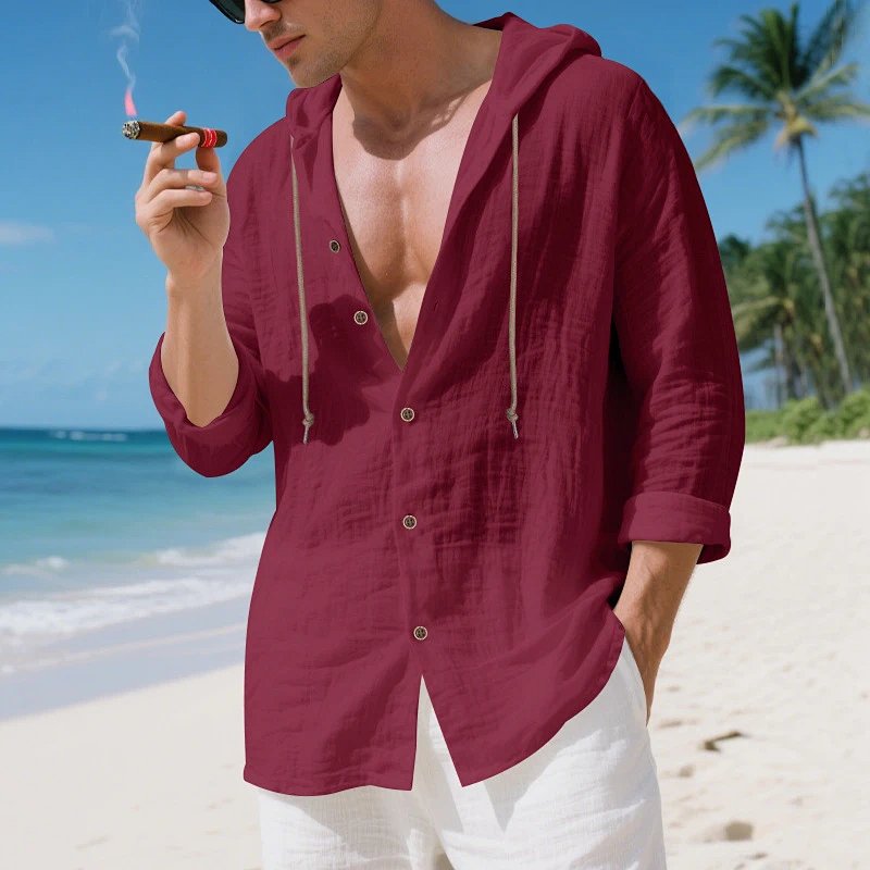 Hooded Button-Up Shirt Burgundy