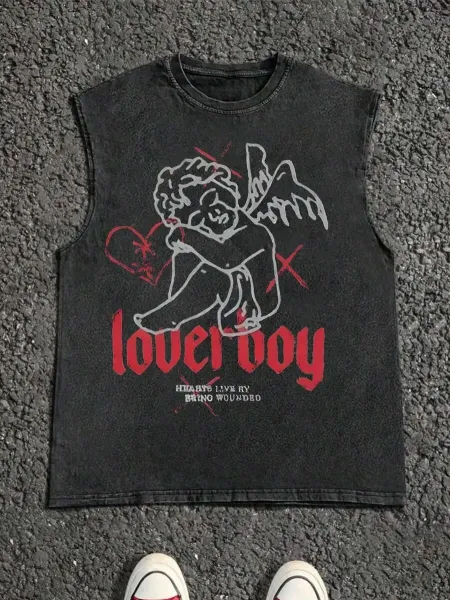 Design Lover Boy Distressed Sleeveless Tee Beige Vest Top - 7