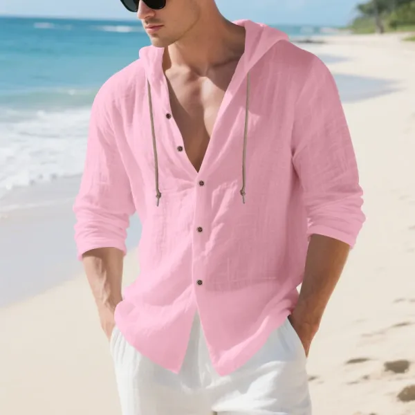 Design Hooded Linen Shirt Brown Men's Beachwear - 23