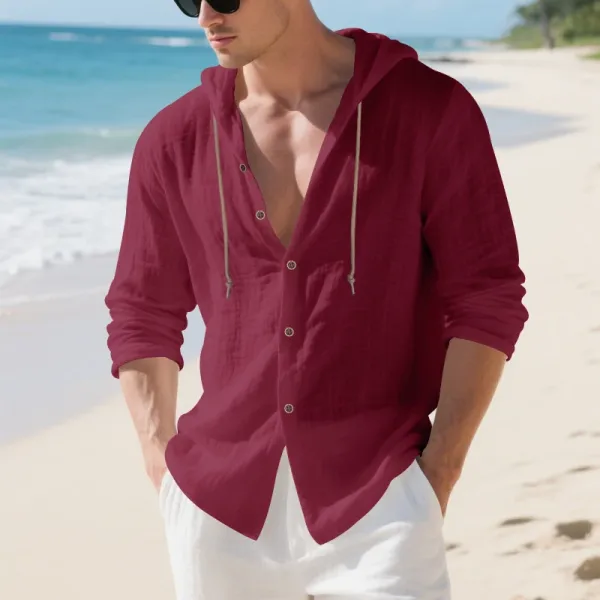 Design Hooded Linen Shirt Brown Men's Beachwear - 30