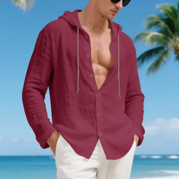 Design Hooded Linen Shirt Brown Men's Beachwear - 31