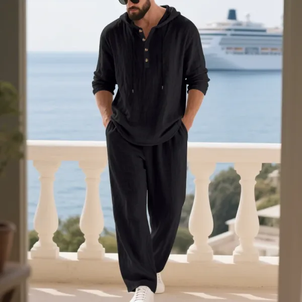 Design Linen Hooded Henley Set Beige Casual Set - 14
