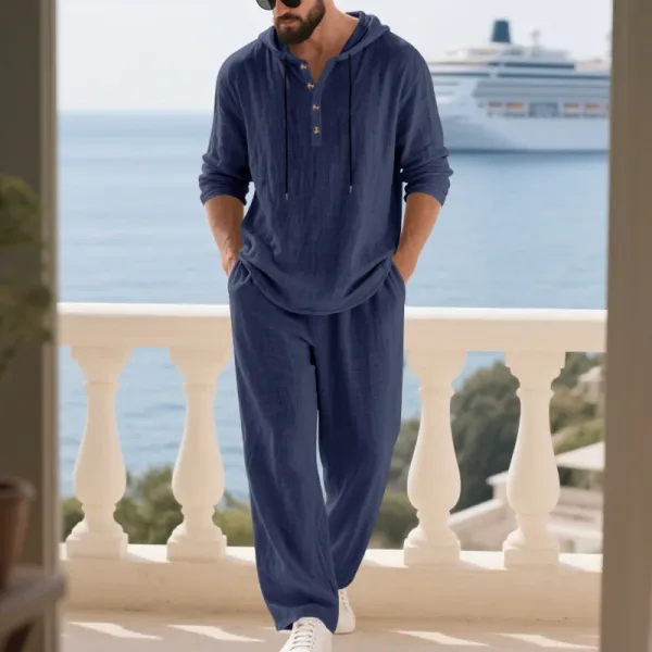 Design Linen Hooded Henley Set Beige Casual Set - 16