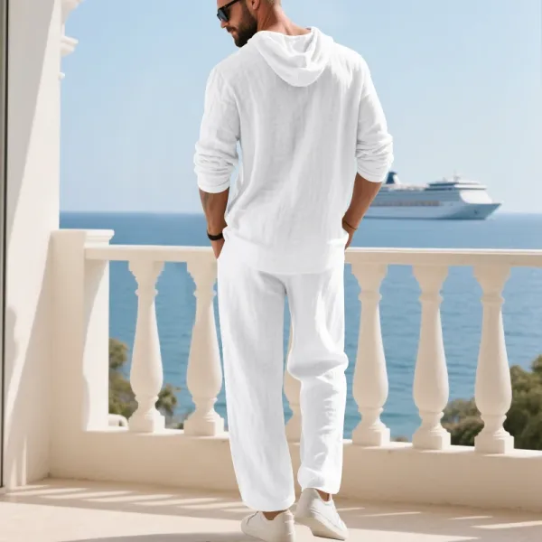 Design Linen Hooded Henley Set Beige Casual Set - 18