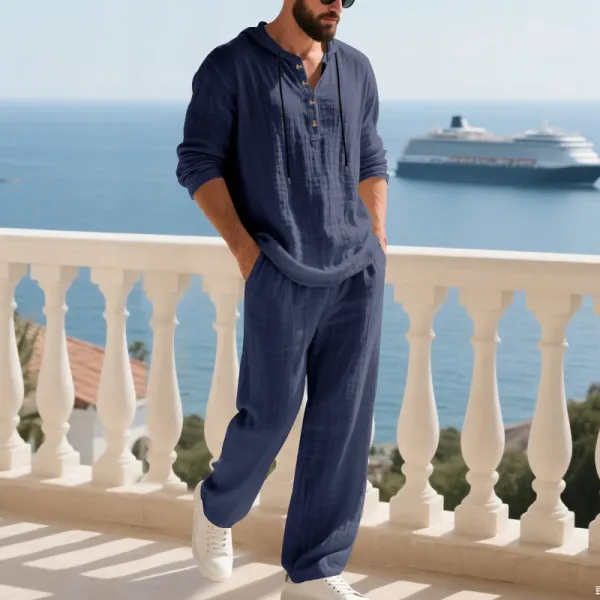 Design Linen Hooded Henley Set Beige Casual Set - 26