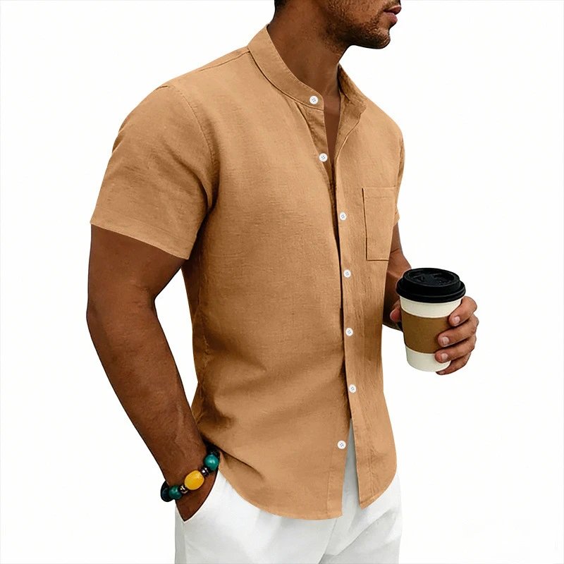 Design Mandarin Collar Short Sleeve Shirt Gray Tops Shirt - 36