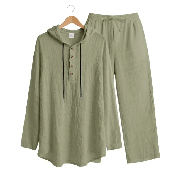 Design Linen Hooded Henley Set Beige Casual Set - 45