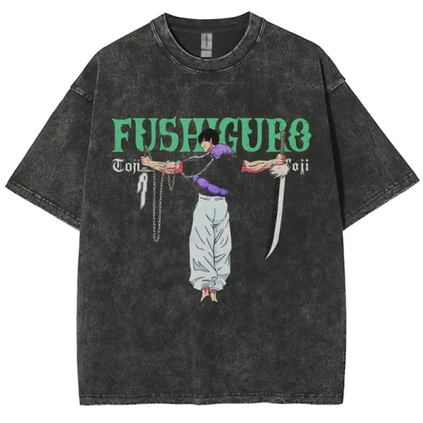 Design Fushiguro Toji x Anime Graphic Acid Wash Black T-Shirt T-Shirts - 1