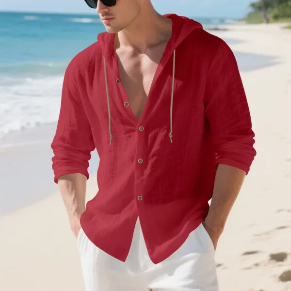 Design Hooded Linen Shirt Brown Men's Beachwear - 62