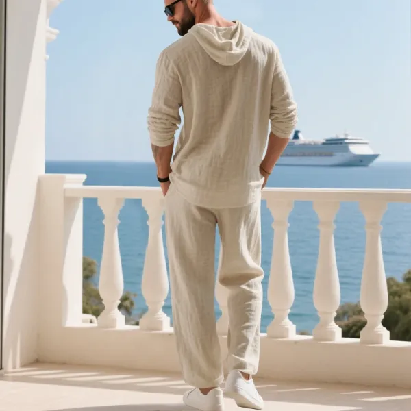 Design Linen Hooded Henley Set Beige Casual Set - 49