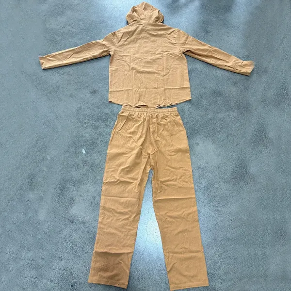 Design Linen Hooded Henley Set Beige Casual Set - 64